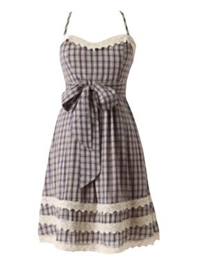 Anthropologie Plaid Bow Tie Blue White Sundress Women’s Size 6 with Lace Trim